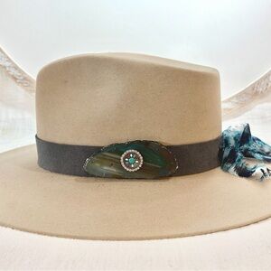 Grey Italian suede, Agate Crystal with gem: Hat Band. “One size fits all hats”